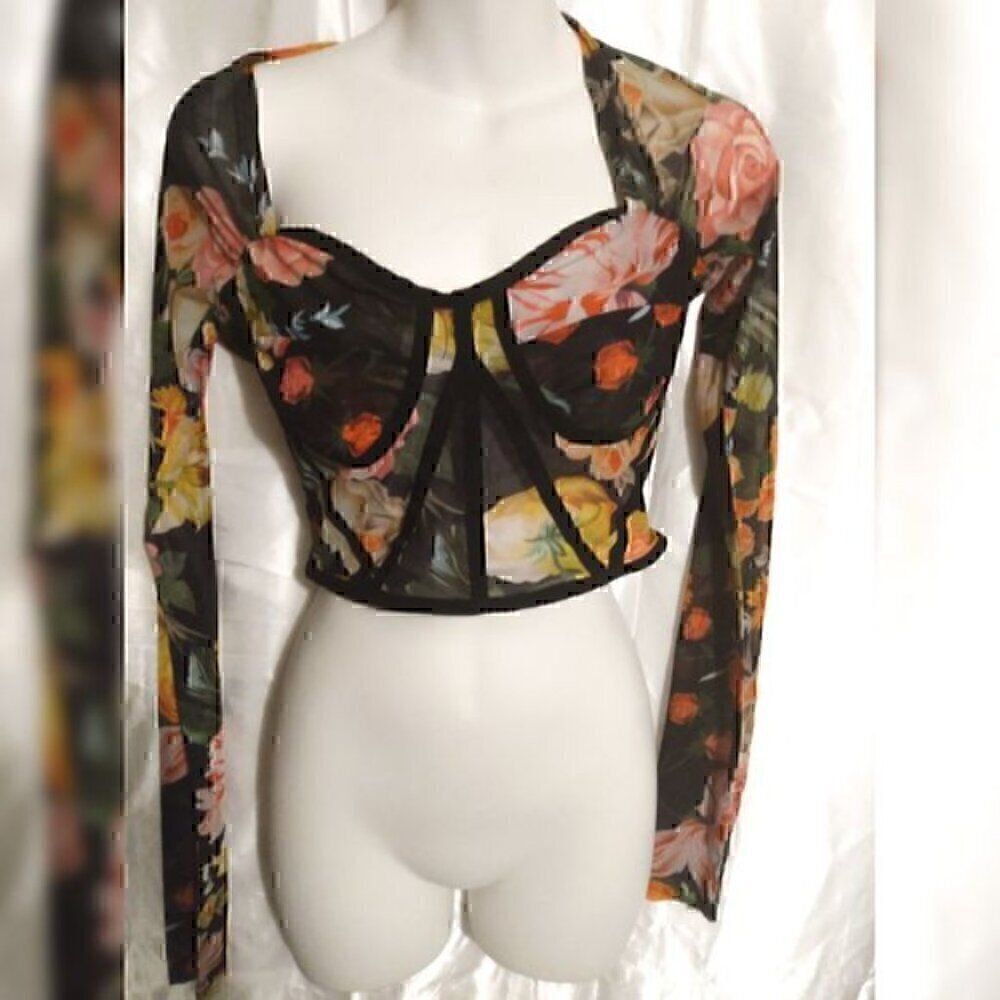 Floral Long Sleeve Corset Sweetheart Bodycon Mesh Crop Top Ruched Bustier L - Picture 5 of 6